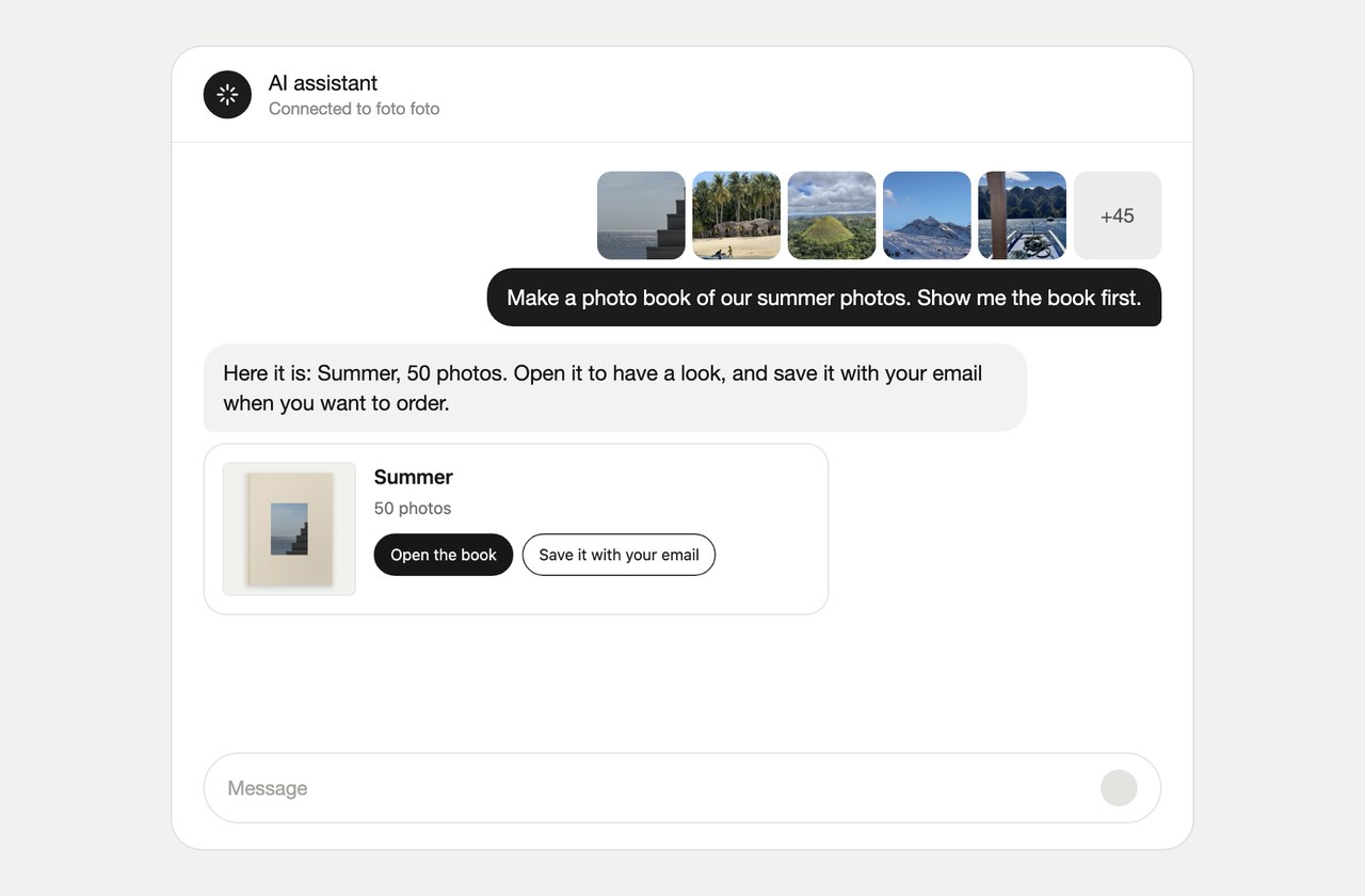 A chat with an AI assistant: the photos go in and the finished book comes back, ready to open or to save with your email.