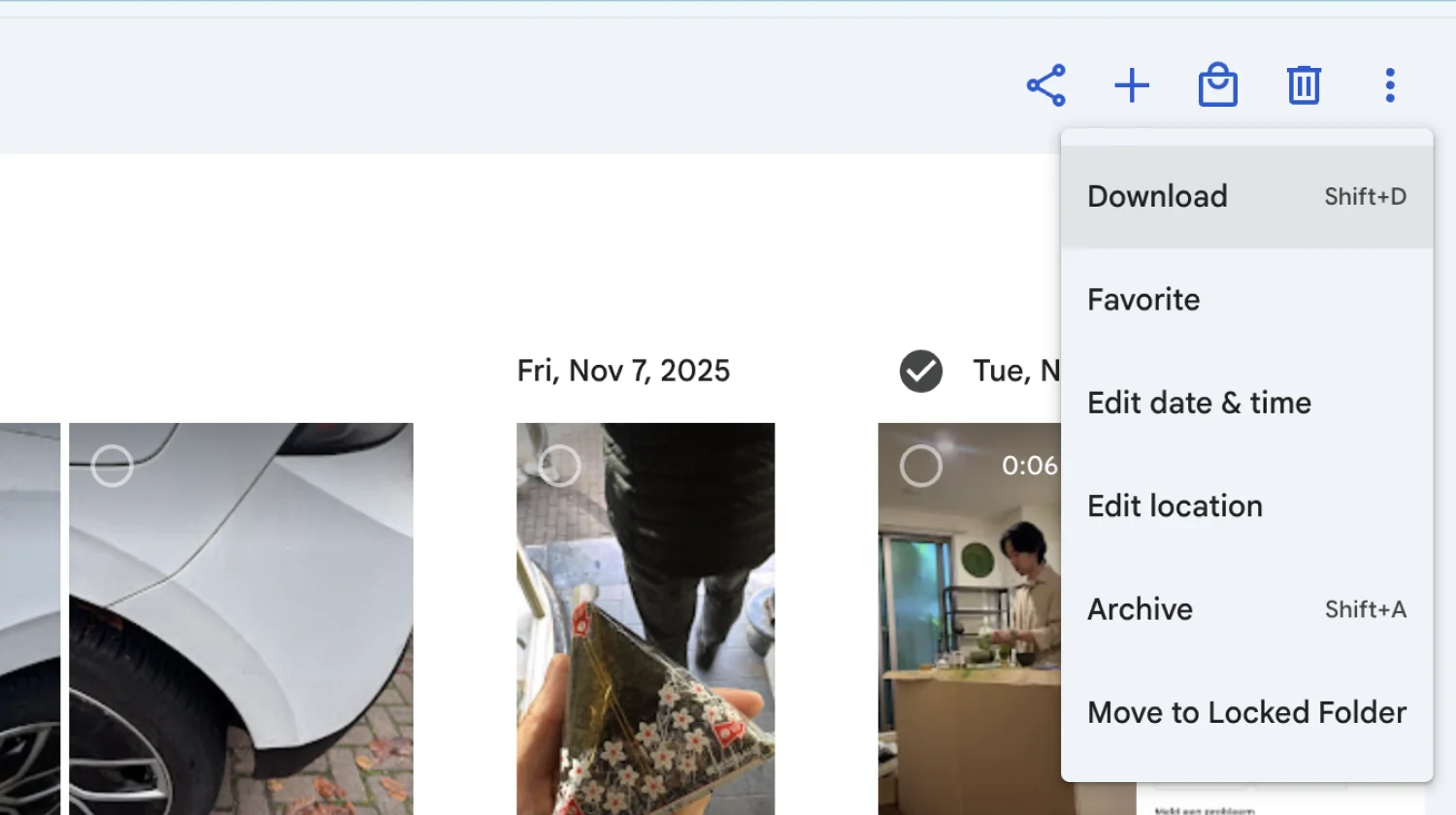 Google Photos download menu