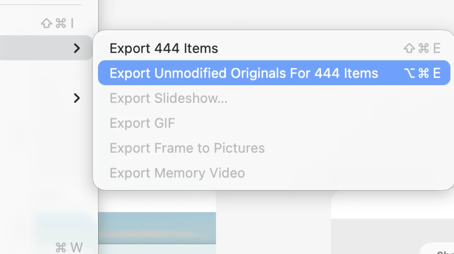 File menu showing Export Unmodified Originals