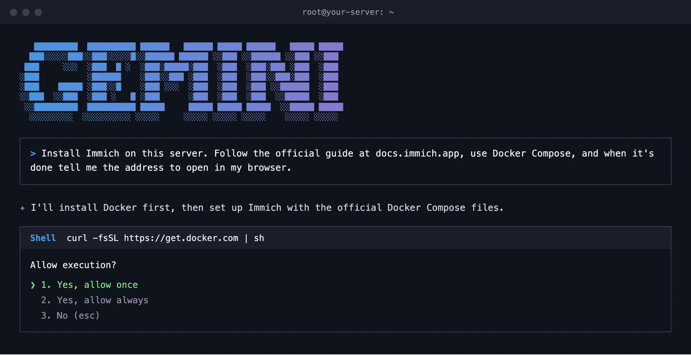 Gemini CLI on the server: you say what you want, it asks permission for every command