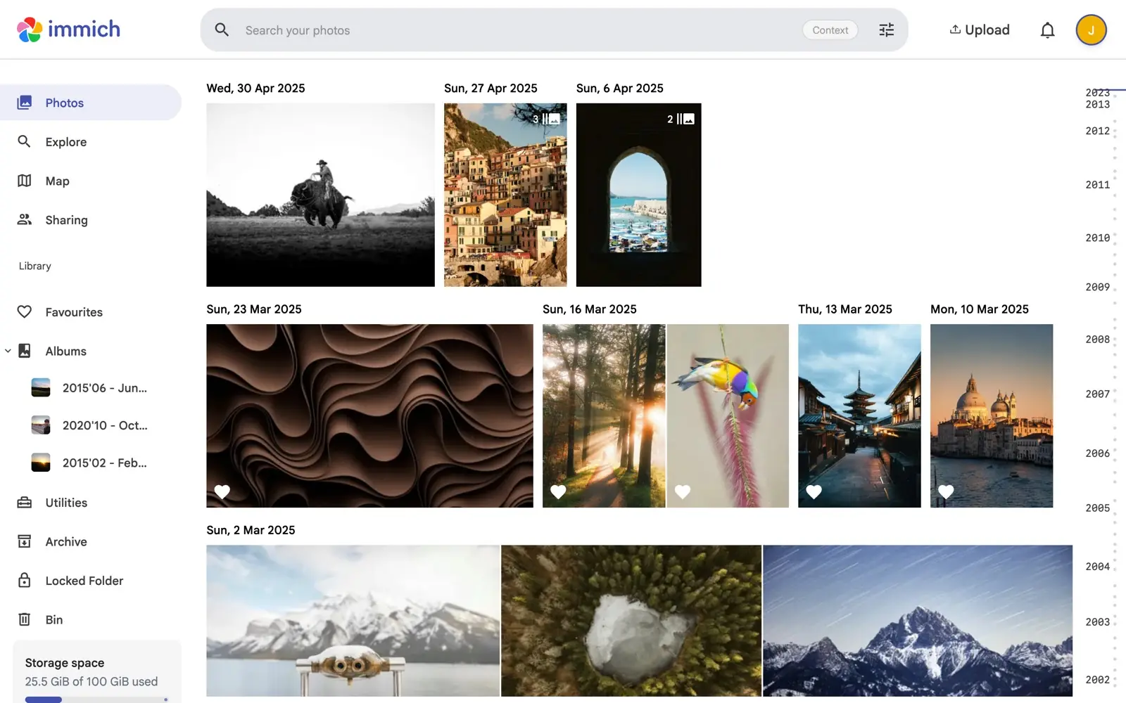 The Immich web app: timeline, search, albums and storage on your own server